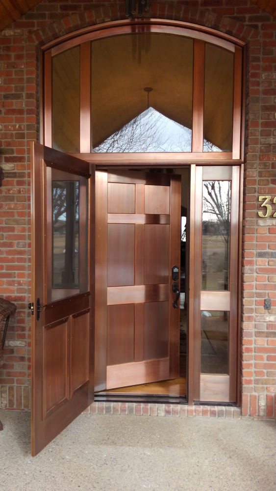 Copper Entry Door with Sidelites, Arch Top Transom, and Copper Screen Door