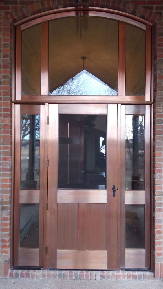 Copper Entry Door, Screen Door, Sidelites, and Arch Top Transom