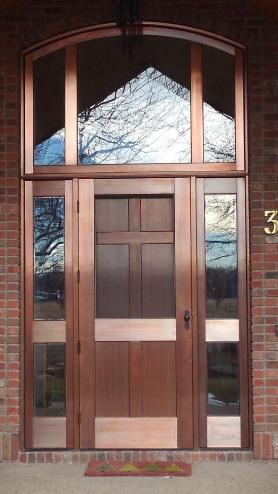 Copper Entry Door, Screen Door, Sidelites, and Arch Top Transom